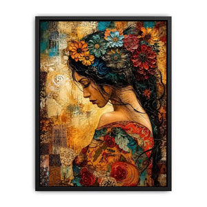 Boho floral woman portrait canvas wall art with colorful collage textures and expressive modern styling