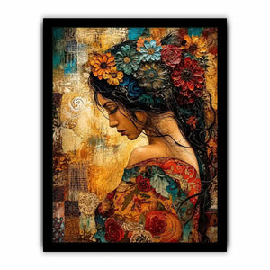 Boho floral woman portrait canvas wall art with colorful collage textures and expressive modern styling