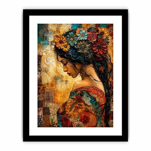 Boho floral woman portrait canvas wall art with colorful collage textures and expressive modern styling