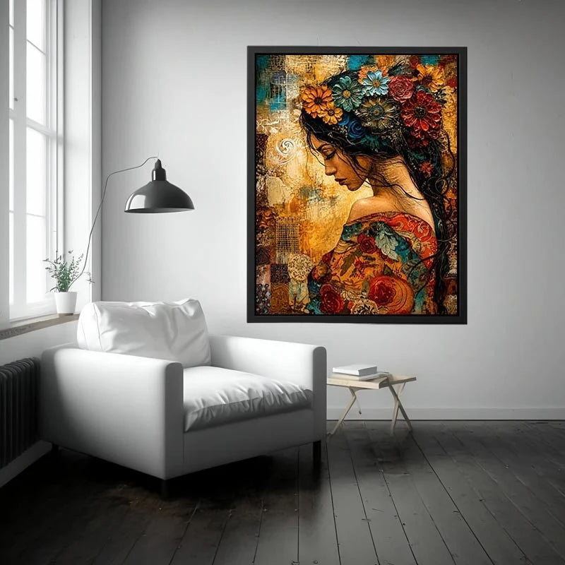 Boho floral woman portrait canvas wall art with colorful collage textures and expressive modern styling
