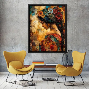 Boho floral woman portrait canvas wall art with colorful collage textures and expressive modern styling