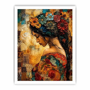Boho floral woman portrait canvas wall art with colorful collage textures and expressive modern styling