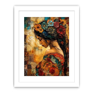 Boho floral woman portrait canvas wall art with colorful collage textures and expressive modern styling