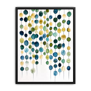 Minimalist watercolor circles in blue and beige arranged in vertical hanging pattern