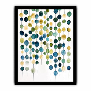 Minimalist watercolor circles in blue and beige arranged in vertical hanging pattern