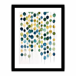 Minimalist watercolor circles in blue and beige arranged in vertical hanging pattern