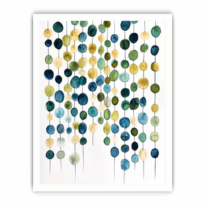 Minimalist watercolor circles in blue and beige arranged in vertical hanging pattern