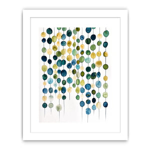 Minimalist watercolor circles in blue and beige arranged in vertical hanging pattern
