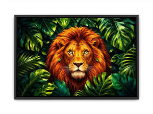 Tropical lion jungle canvas wall art with lush green leaves and vibrant modern illustration style