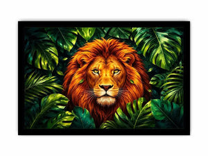 Tropical lion jungle canvas wall art with lush green leaves and vibrant modern illustration style