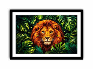 Tropical lion jungle canvas wall art with lush green leaves and vibrant modern illustration style