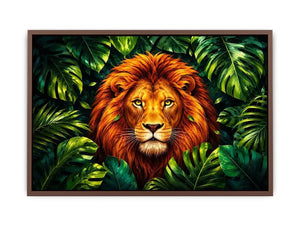 Tropical lion jungle canvas wall art with lush green leaves and vibrant modern illustration style