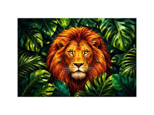 Tropical lion jungle canvas wall art with lush green leaves and vibrant modern illustration style