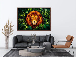 Tropical lion jungle canvas wall art with lush green leaves and vibrant modern illustration style