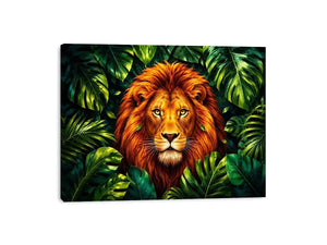 Tropical lion jungle canvas wall art with lush green leaves and vibrant modern illustration style