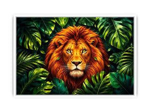 Tropical lion jungle canvas wall art with lush green leaves and vibrant modern illustration style