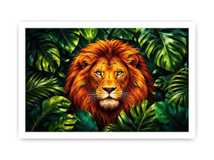 Tropical lion jungle canvas wall art with lush green leaves and vibrant modern illustration style