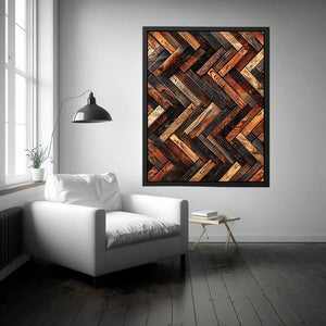Rustic geometric wood texture canvas wall art with modern herringbone pattern and earthy natural tones