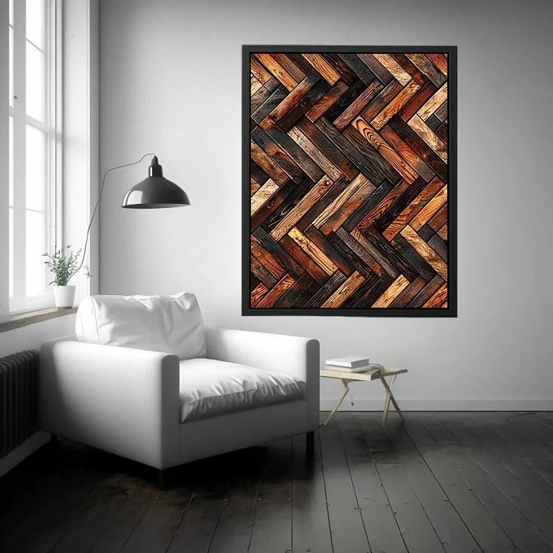 Rustic geometric wood texture canvas wall art with modern herringbone pattern and earthy natural tones