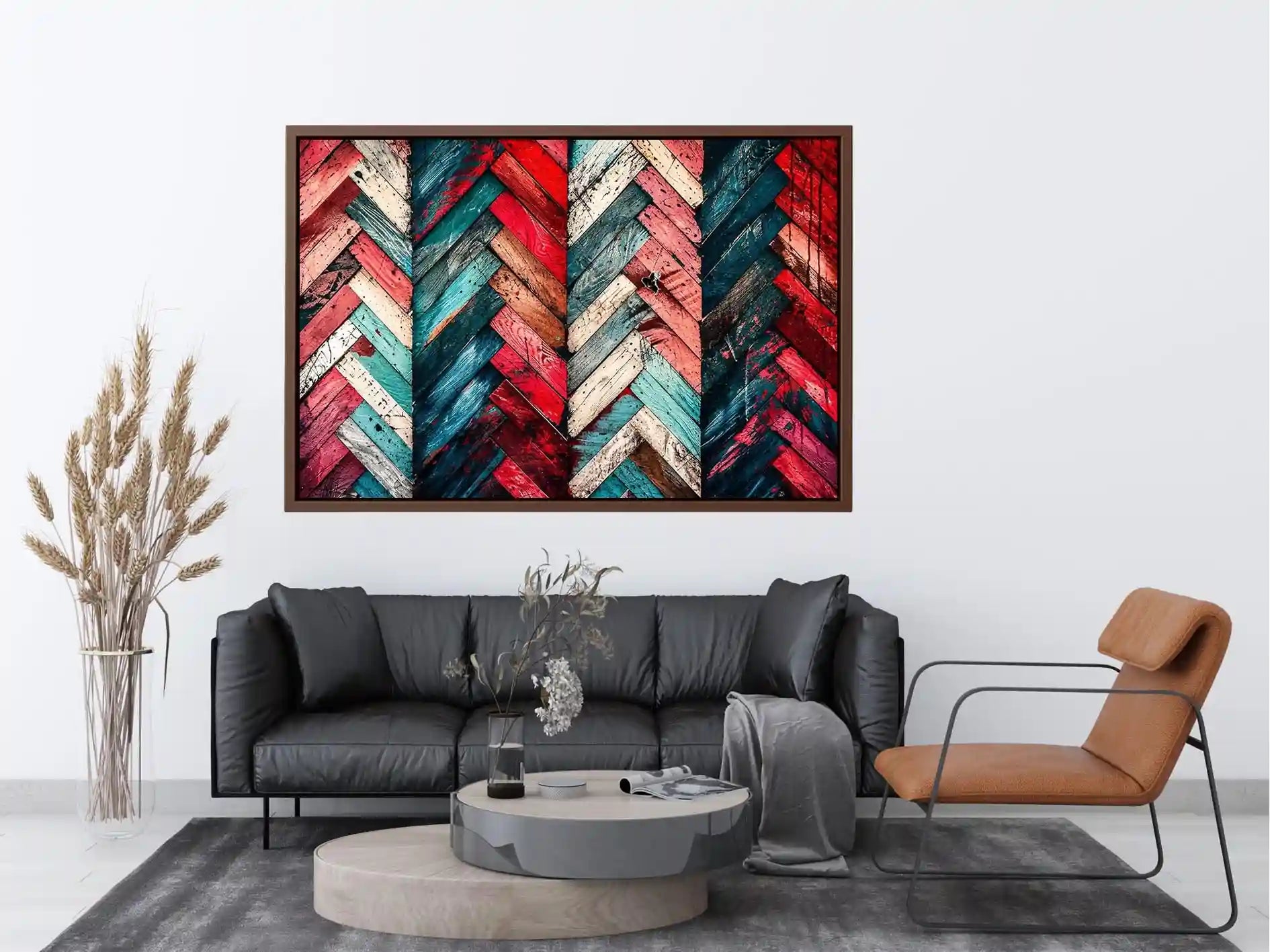 Modern colorful herringbone wood texture canvas wall art with bold geometric abstract pattern design