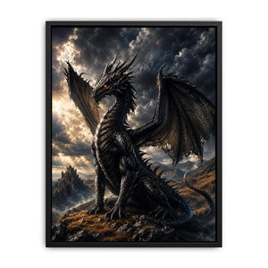 Majestic black dragon fantasy canvas wall art with dramatic storm clouds and cinematic medieval atmosphere