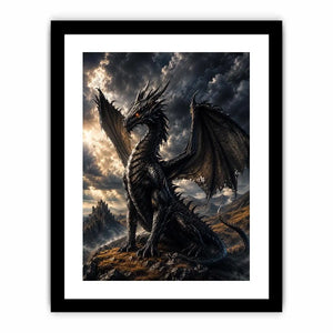 Majestic black dragon fantasy canvas wall art with dramatic storm clouds and cinematic medieval atmosphere