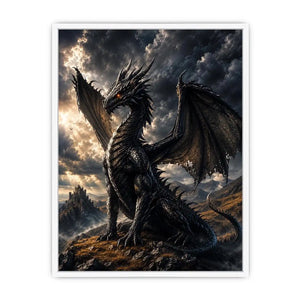 Majestic black dragon fantasy canvas wall art with dramatic storm clouds and cinematic medieval atmosphere