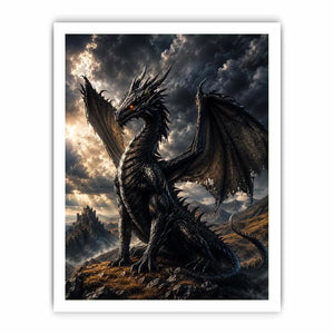 Majestic black dragon fantasy canvas wall art with dramatic storm clouds and cinematic medieval atmosphere