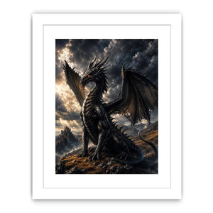 Majestic black dragon fantasy canvas wall art with dramatic storm clouds and cinematic medieval atmosphere