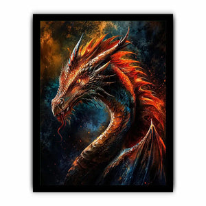 Fiery dragon portrait fantasy canvas wall art with cinematic lighting and detailed scales in dark dramatic tones