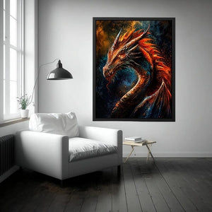 Fiery dragon portrait fantasy canvas wall art with cinematic lighting and detailed scales in dark dramatic tones