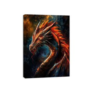 Fiery dragon portrait fantasy canvas wall art with cinematic lighting and detailed scales in dark dramatic tones