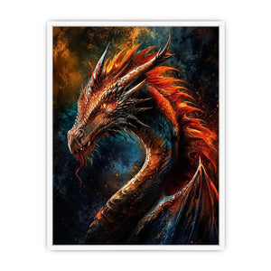 Fiery dragon portrait fantasy canvas wall art with cinematic lighting and detailed scales in dark dramatic tones