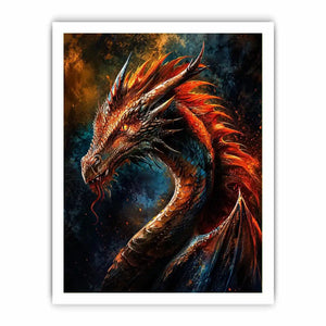 Fiery dragon portrait fantasy canvas wall art with cinematic lighting and detailed scales in dark dramatic tones