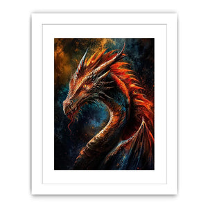 Fiery dragon portrait fantasy canvas wall art with cinematic lighting and detailed scales in dark dramatic tones
