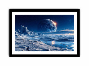 Frozen moon landscape canvas wall art with glowing celestial sky and icy blue cinematic scenery