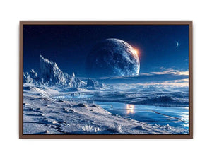 Frozen moon landscape canvas wall art with glowing celestial sky and icy blue cinematic scenery