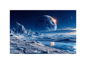 Frozen moon landscape canvas wall art with glowing celestial sky and icy blue cinematic scenery