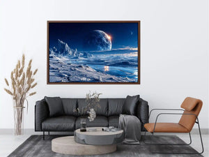 Frozen moon landscape canvas wall art with glowing celestial sky and icy blue cinematic scenery