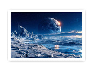 Frozen moon landscape canvas wall art with glowing celestial sky and icy blue cinematic scenery