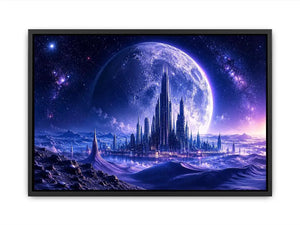Futuristic moon city canvas wall art with glowing cosmic landscape and cinematic sci fi atmosphere