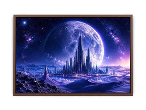 Futuristic moon city canvas wall art with glowing cosmic landscape and cinematic sci fi atmosphere