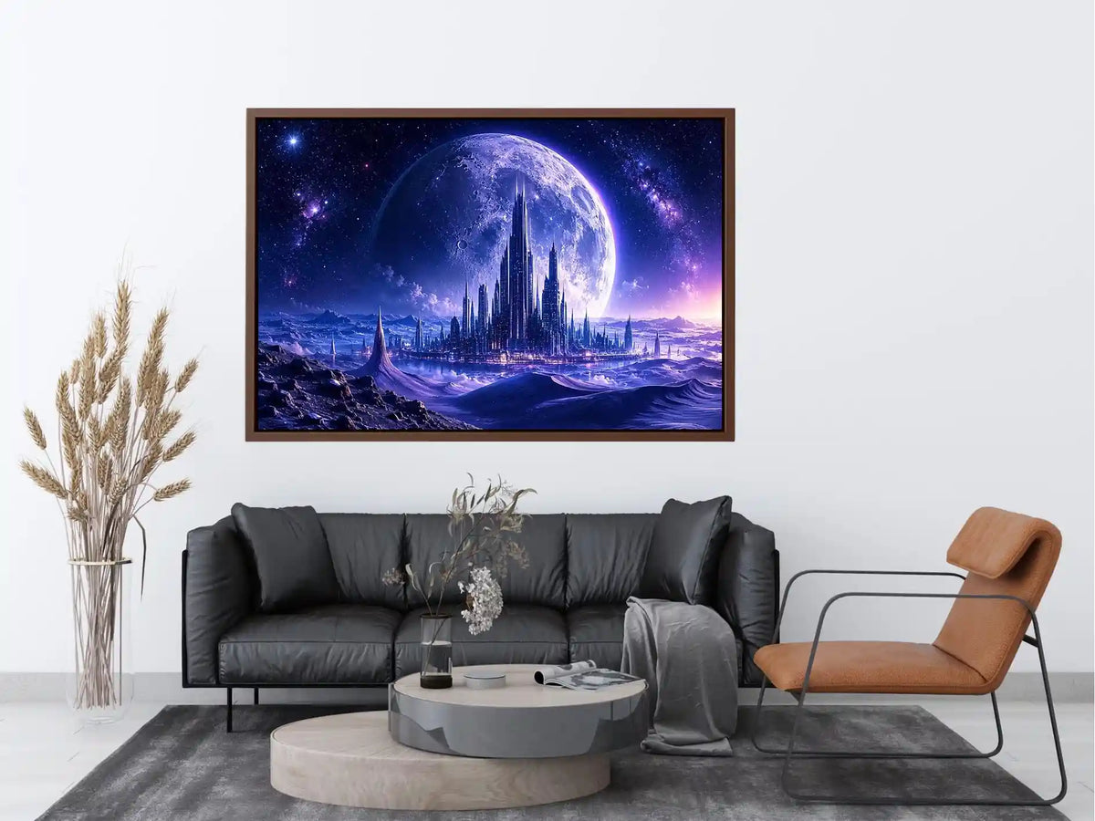 Futuristic moon city canvas wall art with glowing cosmic landscape and cinematic sci fi atmosphere