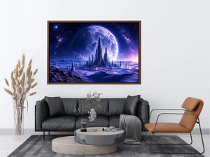 Futuristic moon city canvas wall art with glowing cosmic landscape and cinematic sci fi atmosphere