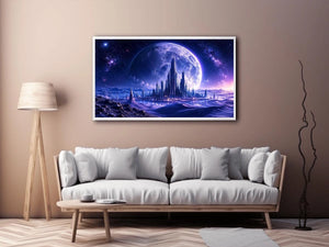 Futuristic moon city canvas wall art with glowing cosmic landscape and cinematic sci fi atmosphere