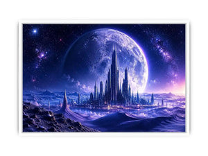 Futuristic moon city canvas wall art with glowing cosmic landscape and cinematic sci fi atmosphere
