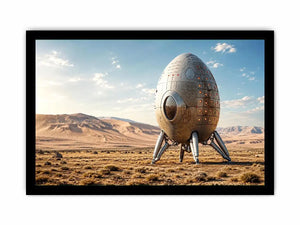 Minimal futuristic desert pod canvas wall art with soft neutral tones and modern sci fi atmosphere