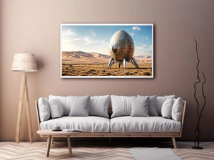 Minimal futuristic desert pod canvas wall art with soft neutral tones and modern sci fi atmosphere
