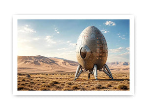 Minimal futuristic desert pod canvas wall art with soft neutral tones and modern sci fi atmosphere