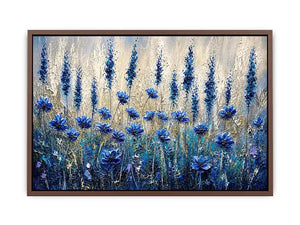 Abstract blue floral meadow painting with textured brushstrokes and soft neutral background